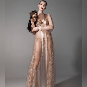 ID Sarrieri Imperial Champagne Gold Sheer Lace Robe with silk tie NWT size 0